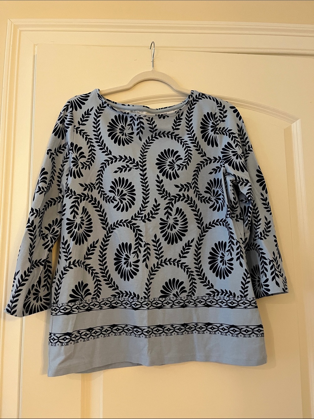 Talbots Sky Blue Tee with Navy Leaf Motif, 3/4 sleeves.
